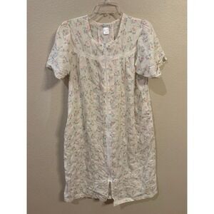 VINTAGE Elegant Emily House Dress Small White Floral Excellent Zipper Seersucker